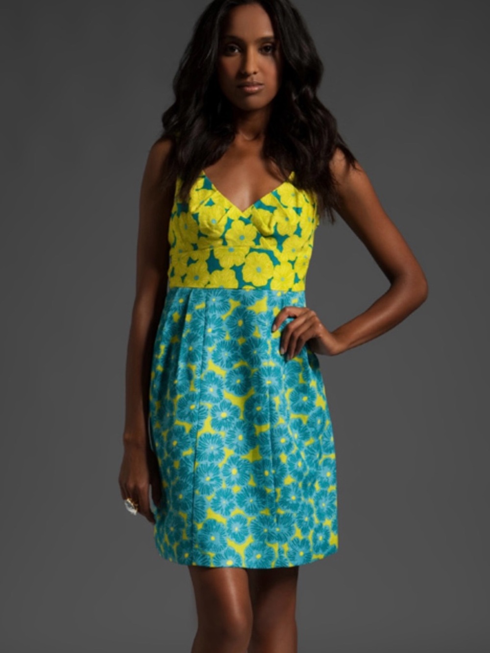 Nanette Lepore Yellow and Teal Floral Fit-and-Flare Mini Dress. Cut out back. 10